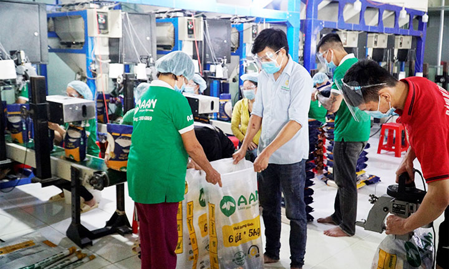 Đóng gói gạo xuất khẩu ở Chi nhánh Công ty cổ phần Tập đoàn Tân Long tại Đồng Tháp. Ảnh: NGỌC TÀI