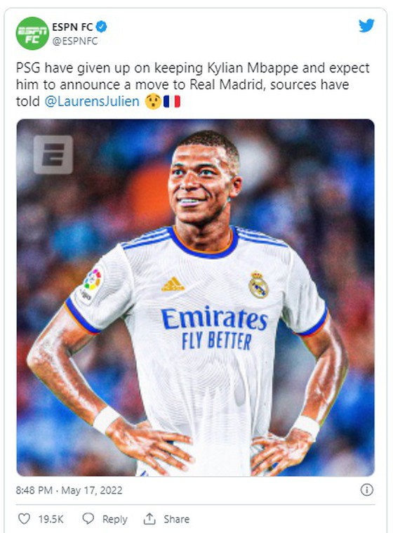 Bản tin của ESPN trên twitter tối thứ Ba, 17-5.
