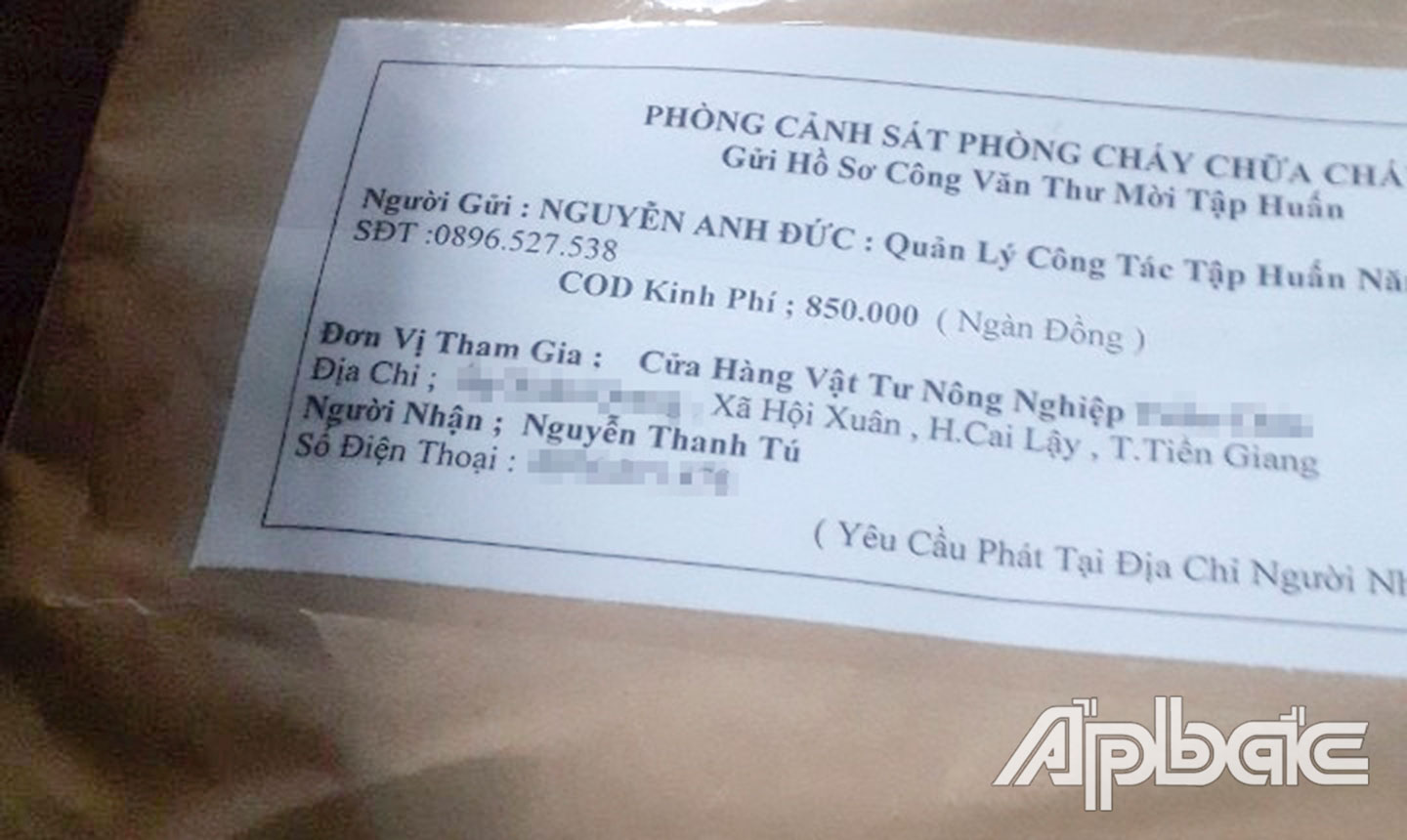 Bưu phẩm đối tượng giả danh cán bộPhòng Cảnh sát PCCC&CNCH gửi đến cho cơ sở,doanh nghiệp.