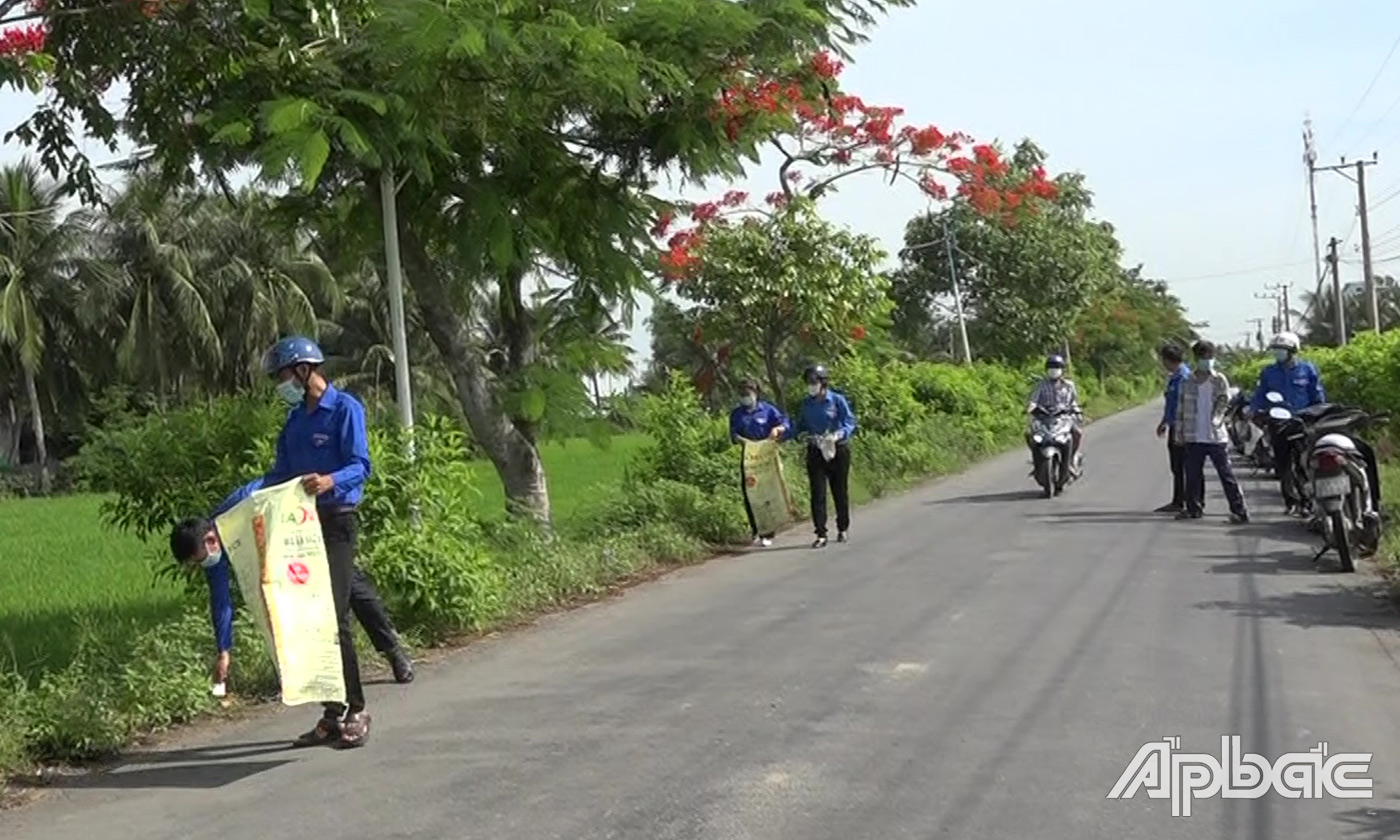 lực lượng đoàn viên, thanh niên tình nguyện đã bắt tay vào dọn vệ sinh, thu gom rác thải và trồng 400 cây bông giấy trên tuyến đường kiểu mẫu xã Long Vĩnh 