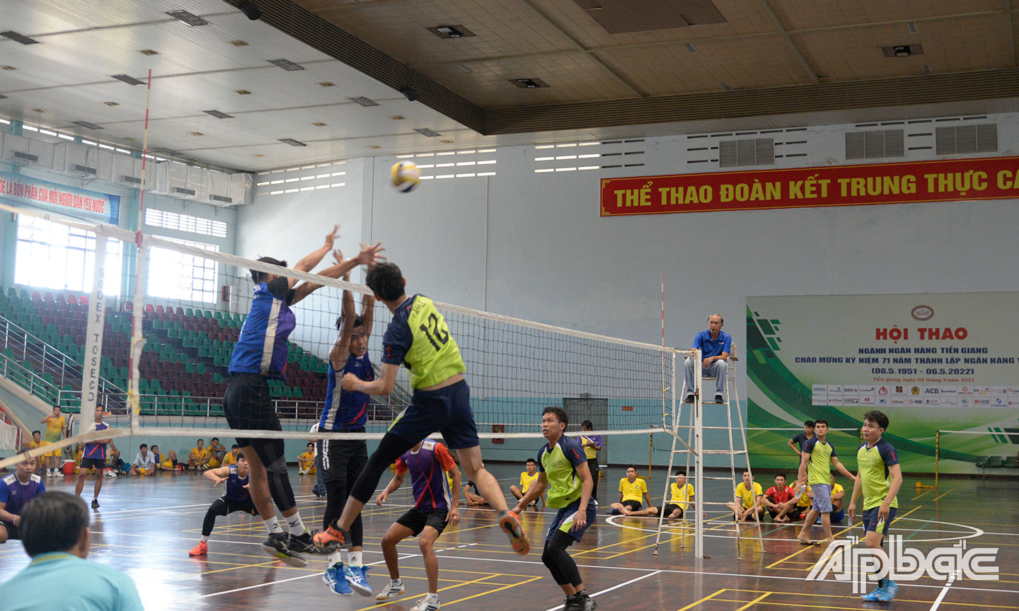 Các VĐV của các đơn vị đã cống hiến nhiều màn tranh tài hấp dẫn ở giai đoạn đầu của Đại hội TDTT tỉnh Tiền Giang  lần thứ IX (trong ảnh: Các VĐV thi đấu ở bộ môn Bóng chuyền).