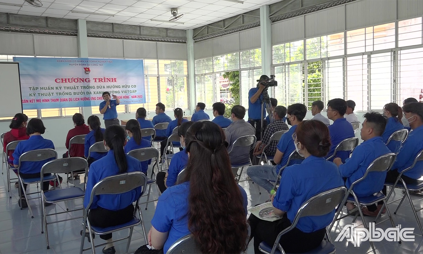sinh hoạt chuyển giao khoa học kỹ thuật về kỹ thuật trồng dừa theo hướng hữu cơ và trồng bưởi da xanh theo hướng VietGap cho hơn 50 đoàn viên, thanh niên, nông dân của xã Bình Nhì, 