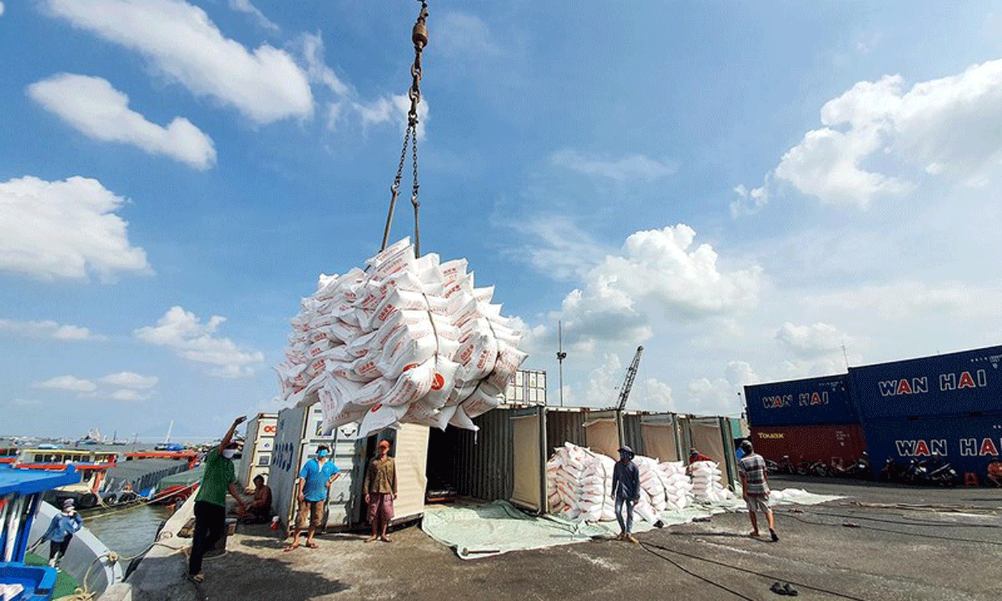 Bốc xếp gạo xuất khẩu ở cảng biển tại An Giang. (Ảnh CHÍ QUỐC)