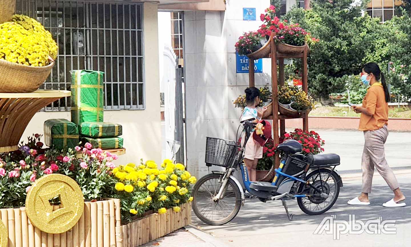 Người dân đến chụp hình tại các cụm tiểu cảnh ở TX. Cai Lậy.