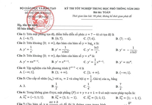 Đề tham khảo môn Toán.