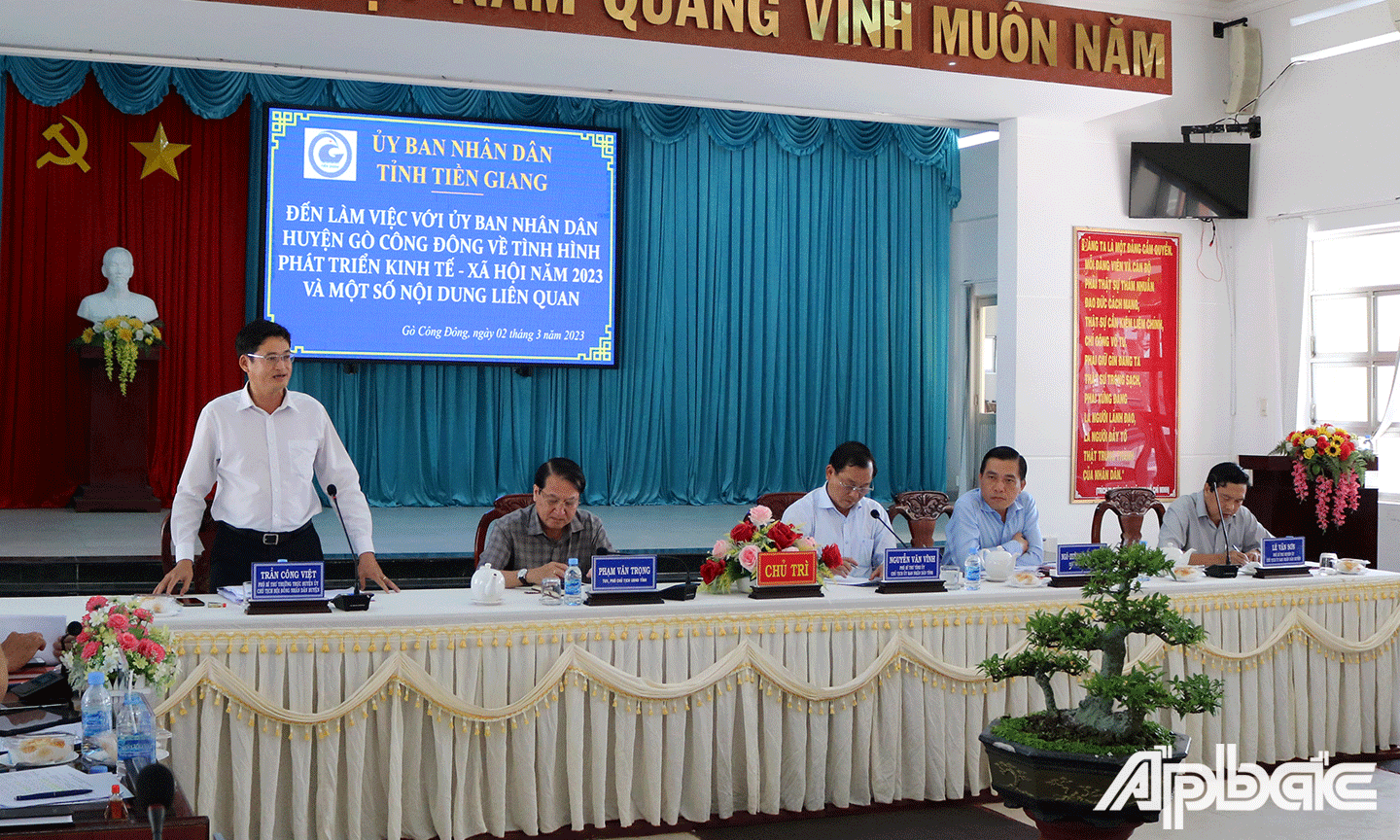 Đồng chí Trần Công Việt Phó Bí thư Thường trực Huyện ủy, Chủ tịch Hội đồng nhân dân huyện Gò Công Đông phát biểu các đề xuất, kiến nghị với lãnh đạo tỉnh