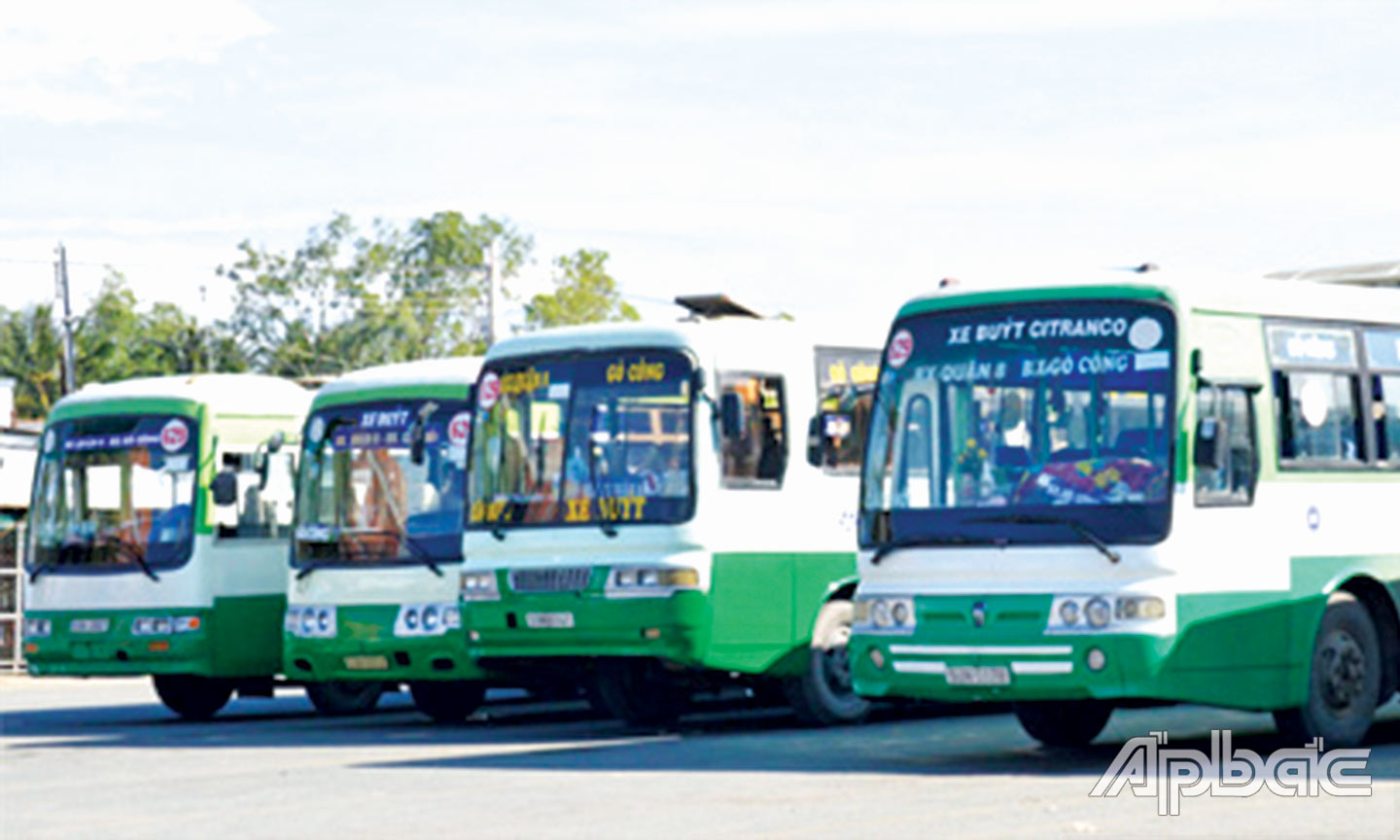 Đoàn xe buýt của HTX GTVT Gò Công Tây chuẩn bị xuất bến.