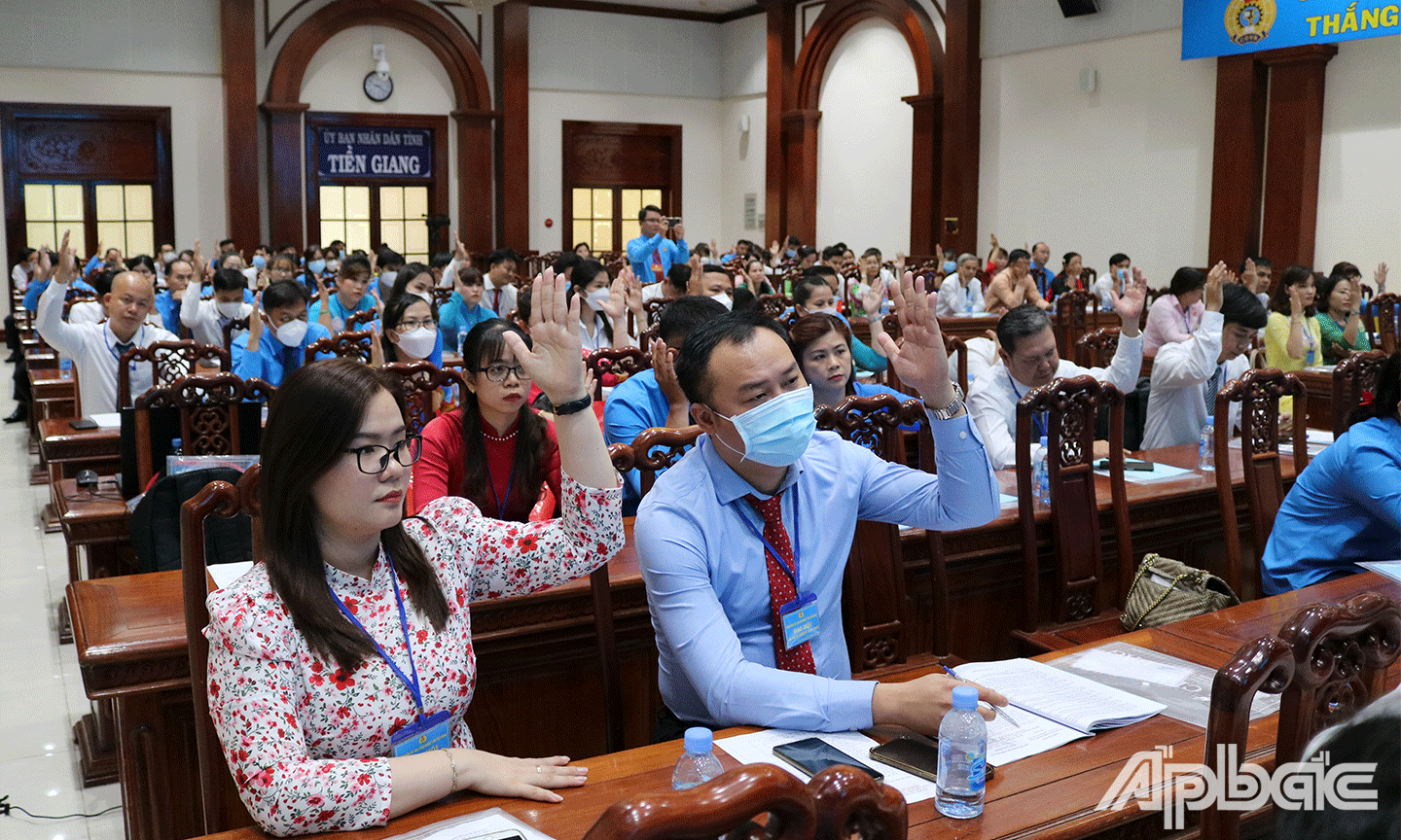 Đại biểu tham dự Đại hội biểu quyết thống nhất bầu Đoàn Chủ tịch, Ban Thư ký và Ban Thẩm tra tư cách đại biểu