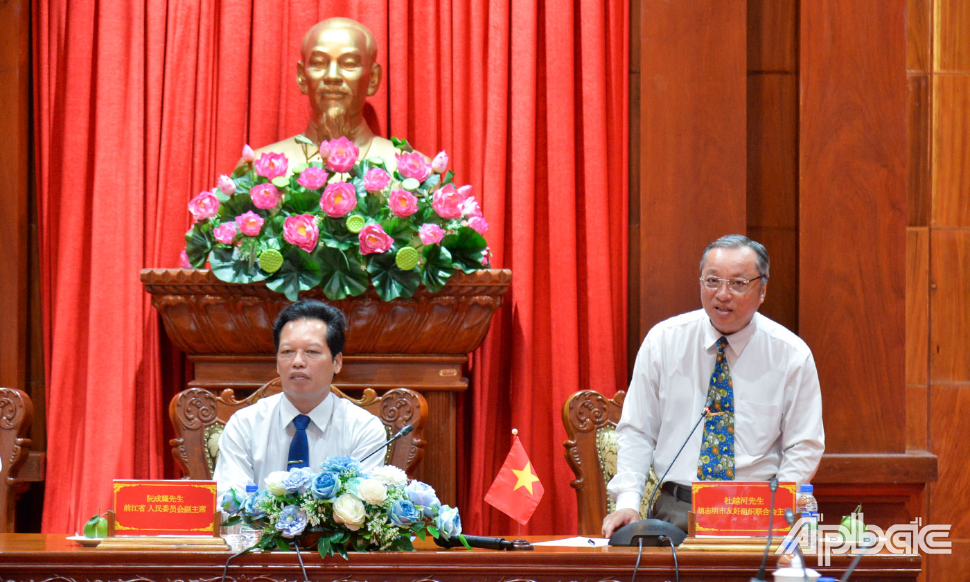 Ông Đỗ Việt Hà, Chủ tịch Liên hiệp Các tổ chức hữu nghị TP. Hồ Chí Minh phát biểu tại buổi tiếp chào xã giao.