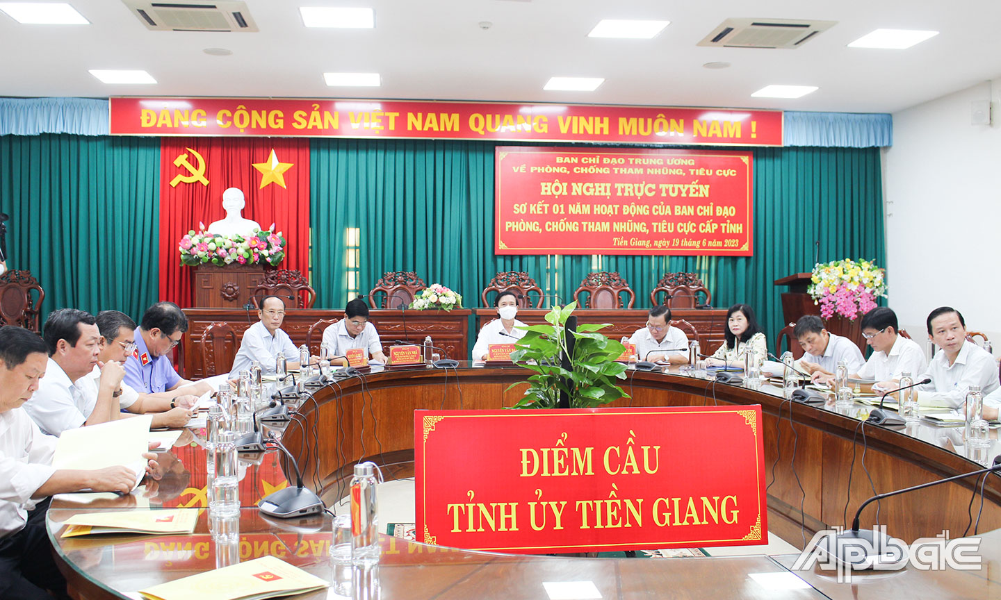 Quang cảnh Hội nghị trực tuyến sơ kết 1 năm hoạt động của Ban Chỉ đạo phòng, chống TN, TC cấp tỉnh do Ban Chỉ đạo Trung ương về phòng, chống TN, TC tổ chức tại điểm cầu Tiền Giang.                                                                                 Ảnh: Lê Nguyên