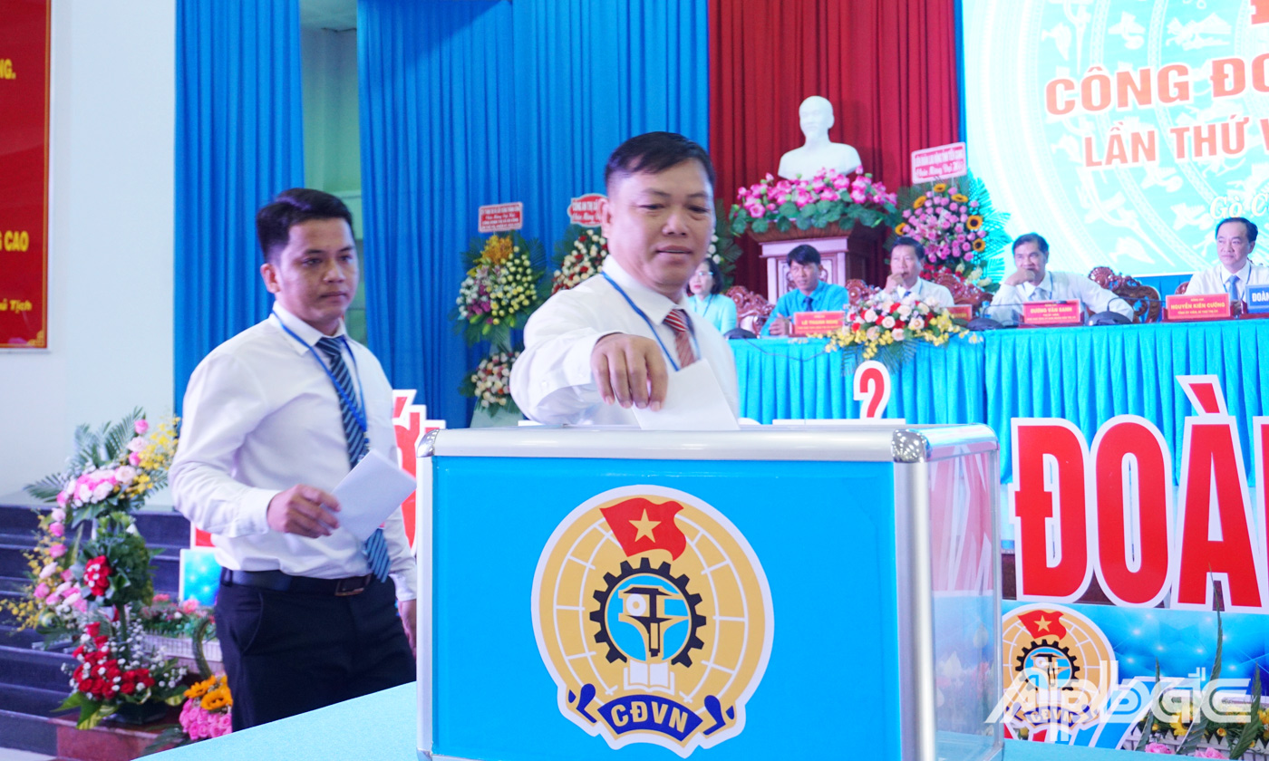 Đại biểu tham gia bỏ phiếu bầu đại biểu dự Đại hội XI Công đoàn tỉnh Tiền Giang. 
