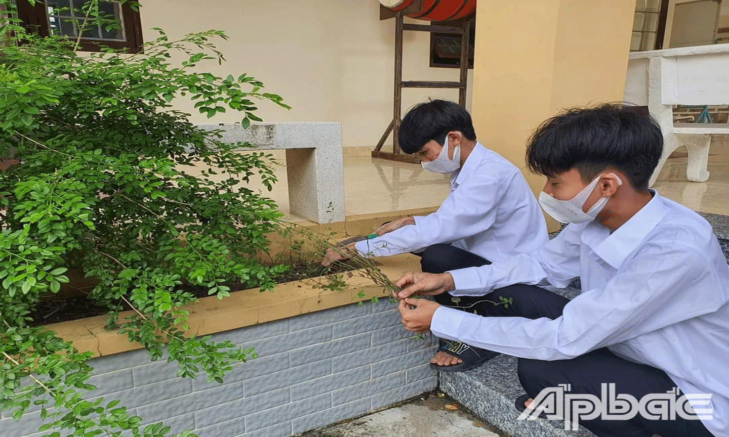 Học sinh Trường THPT Nguyễn Văn Thìn, huyện Gò Công Tây vệ sinh sạch sẽ trường lớp trong