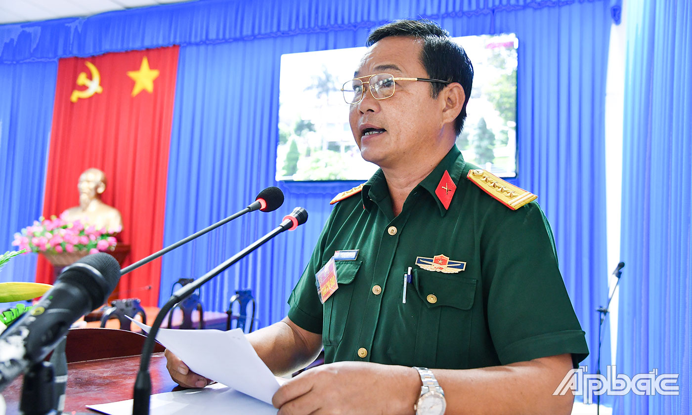 Đại tá Phạm Văn Thanh, Ủy viên Ban Thường vụ Tỉnh ủy, Chỉ huy trưởng Bộ CHQS tỉnh, Phó Trưởng ban Thường trực Ban Chỉ đạo Diễn tập tỉnh Tiền Giang phát biểu khai mạc diễn tập.