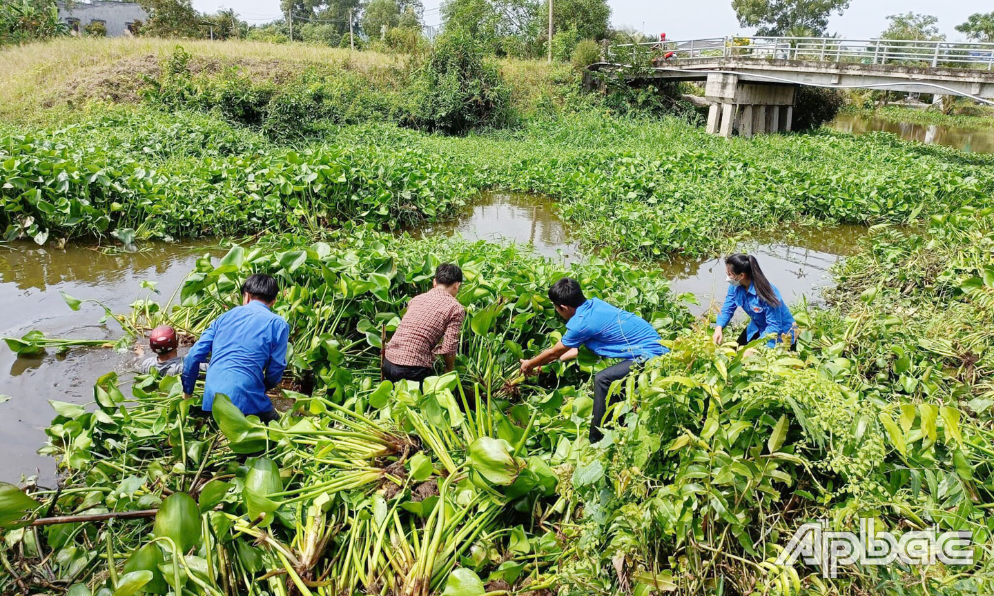 ĐVTN Xã đoàn tổ chức trồng hoa, trục vớt lục bình trên địa bàn xã.  Ảnh: THÀNH TRUNG 