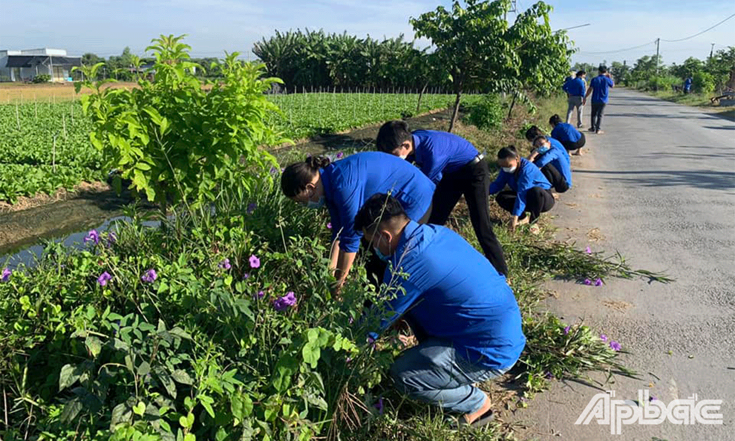 Đoàn viên, thanh niên tham gia vệ sinh nhổ cỏ, trồng hoa, phát quang bụi rậm trên các tuyến đường