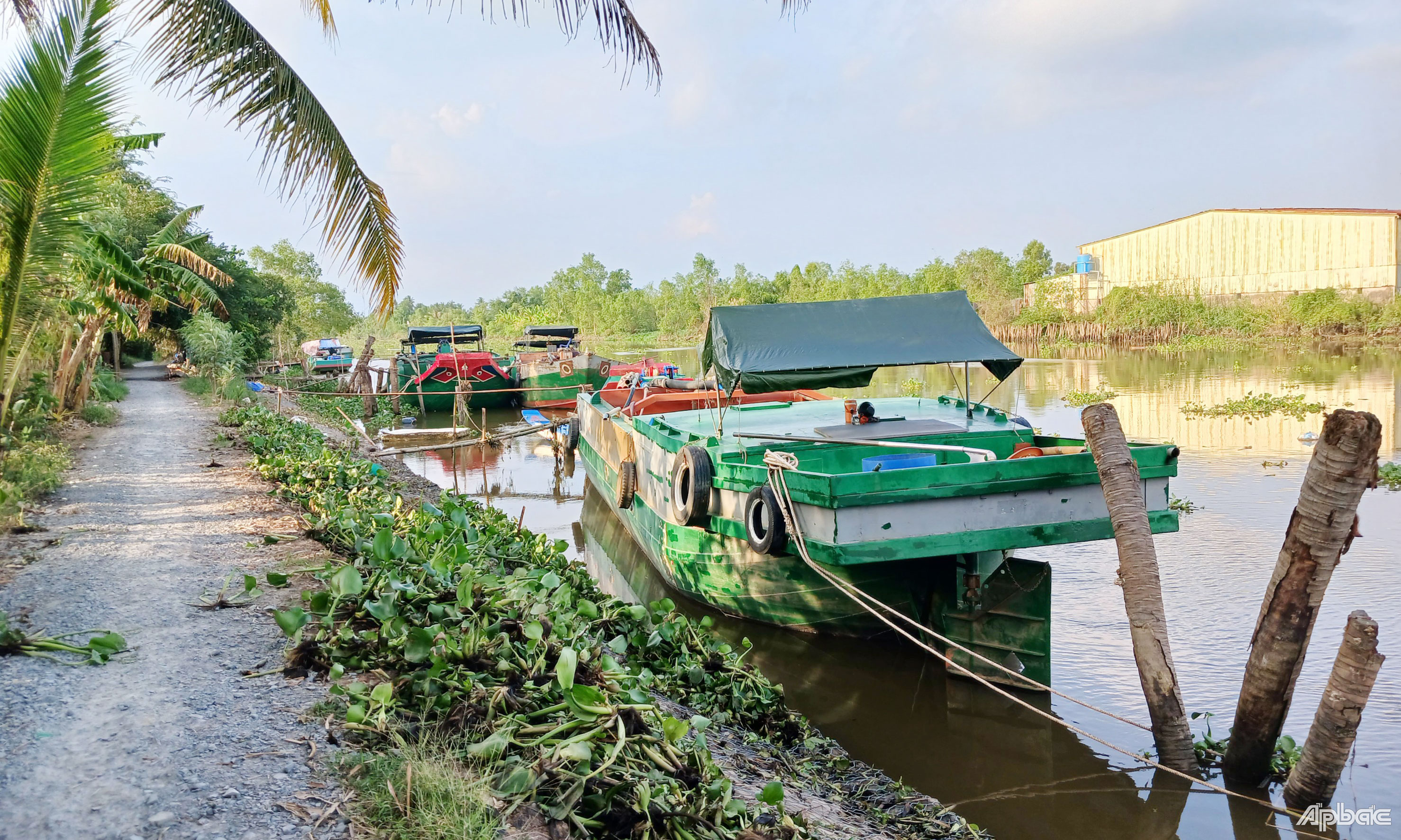 Sà lan neo đậu tại bờ kinh Nguyễn Tấn Thành hướng về từ cầu Kinh Xáng (Quốc lộ 1) về sông Tiền vào chiều 7-12.