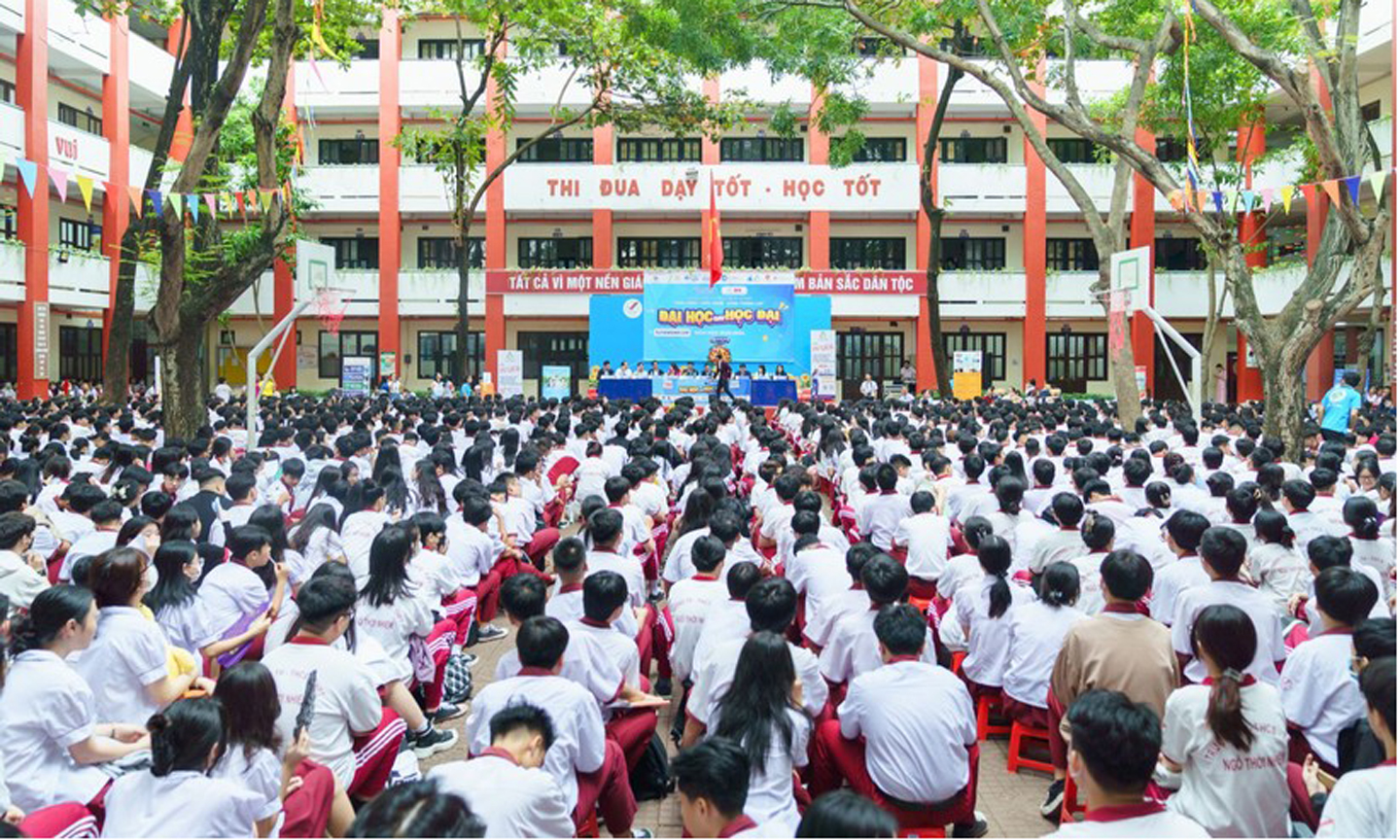 Học sinh Trường THPT Ngô Thời Nhiệm (TPHCM) tham gia ngày hội tư vấn hướng nghiệp năm 2024. Ảnh: HUIT