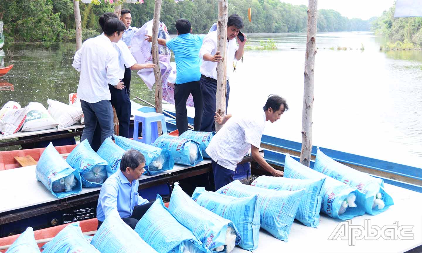 Lãnh đạo Sở NN&PTNT kiểm tra cá trước khi thả giống xuống các kinh của Khu Bảo tồn sinh Thái Đồng Tháp Mười.