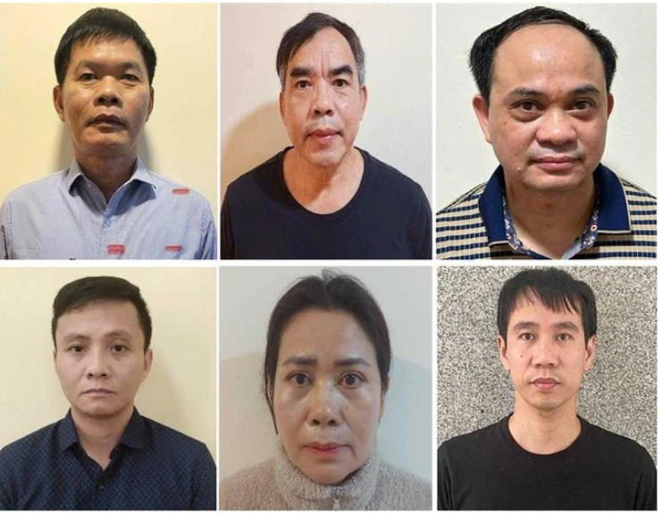 Các bị can bị khởi tố: Nguyễn Văn Khước, Chu Quốc Hải, Hoàng Văn Nhiệm, Cao Đại Nghĩa, Đinh Thị Thu Hương, Nguyễn Ngọc Huy (theo thứ tự từ trái sang phải, từ trên xuống dưới). Ảnh: BỘ CÔNG AN