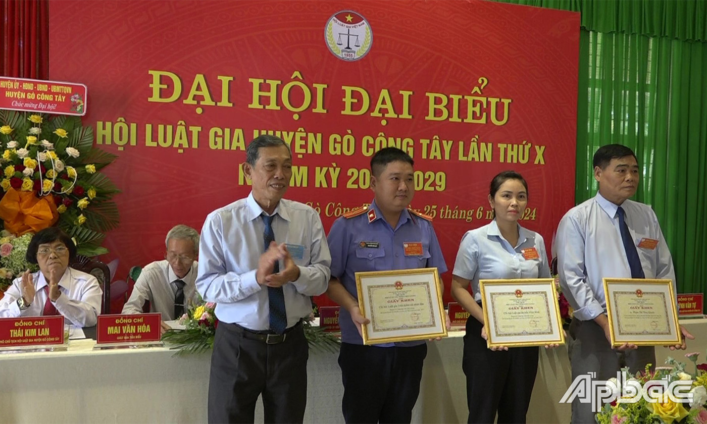 Đại diện Hội Luật gia tỉnh trao giấy khen cho các tập thể