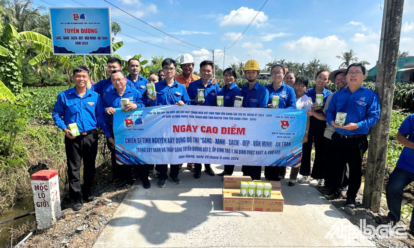 Đoàn viên, thanh niên trồng cây xanh và thắp sáng tuyến đường Độ 2, ấp Bình Thọ 1, xã Bình Phục Nhất, huyện Chợ Gạo 