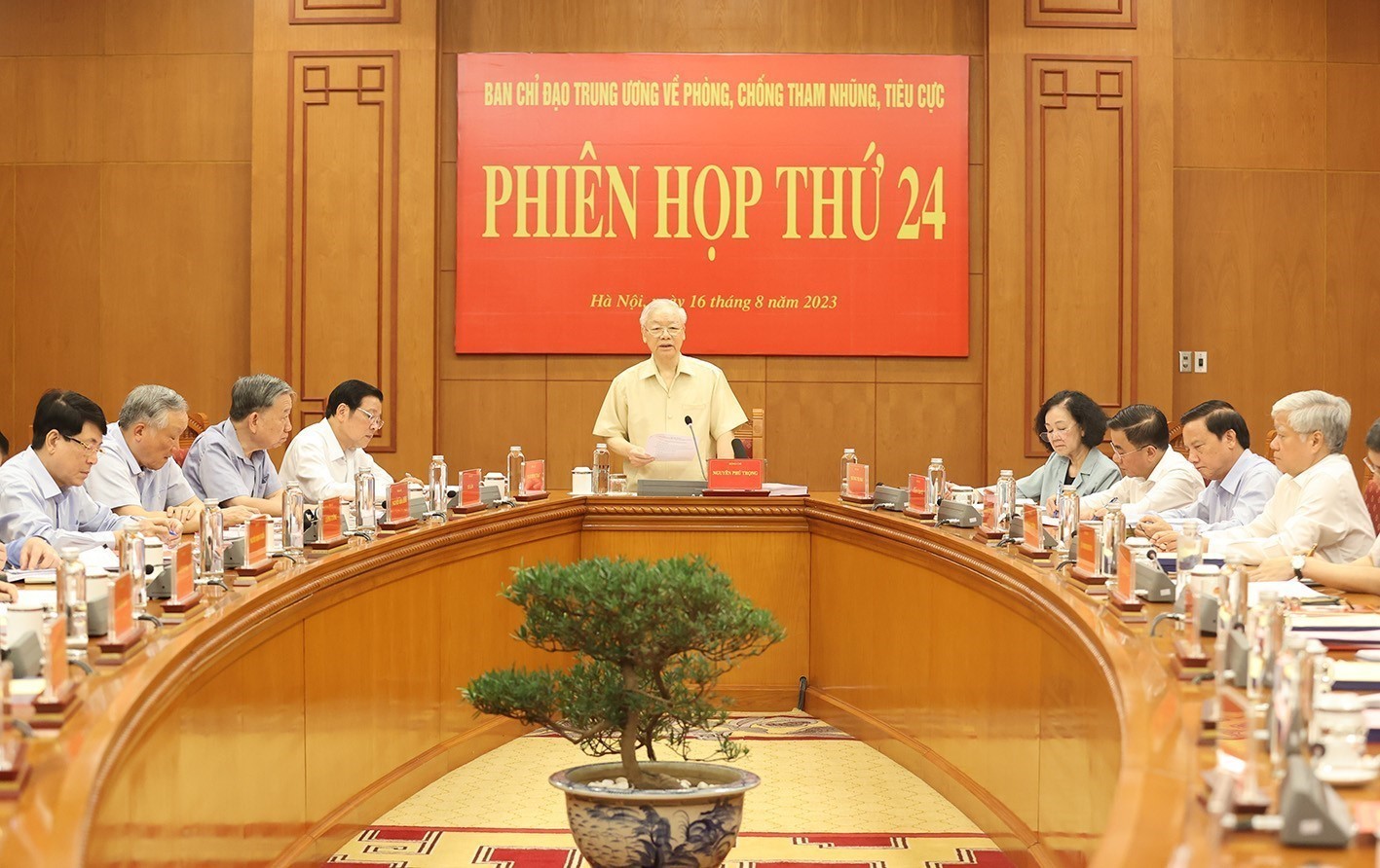 Tổng Bí thư Nguyễn Phú Trọng phát biểu tại Phiên họp thứ 24 của Ban Chỉ đạo Trung ương về phòng, chống tham nhũng, tiêu cực năm 2023. 