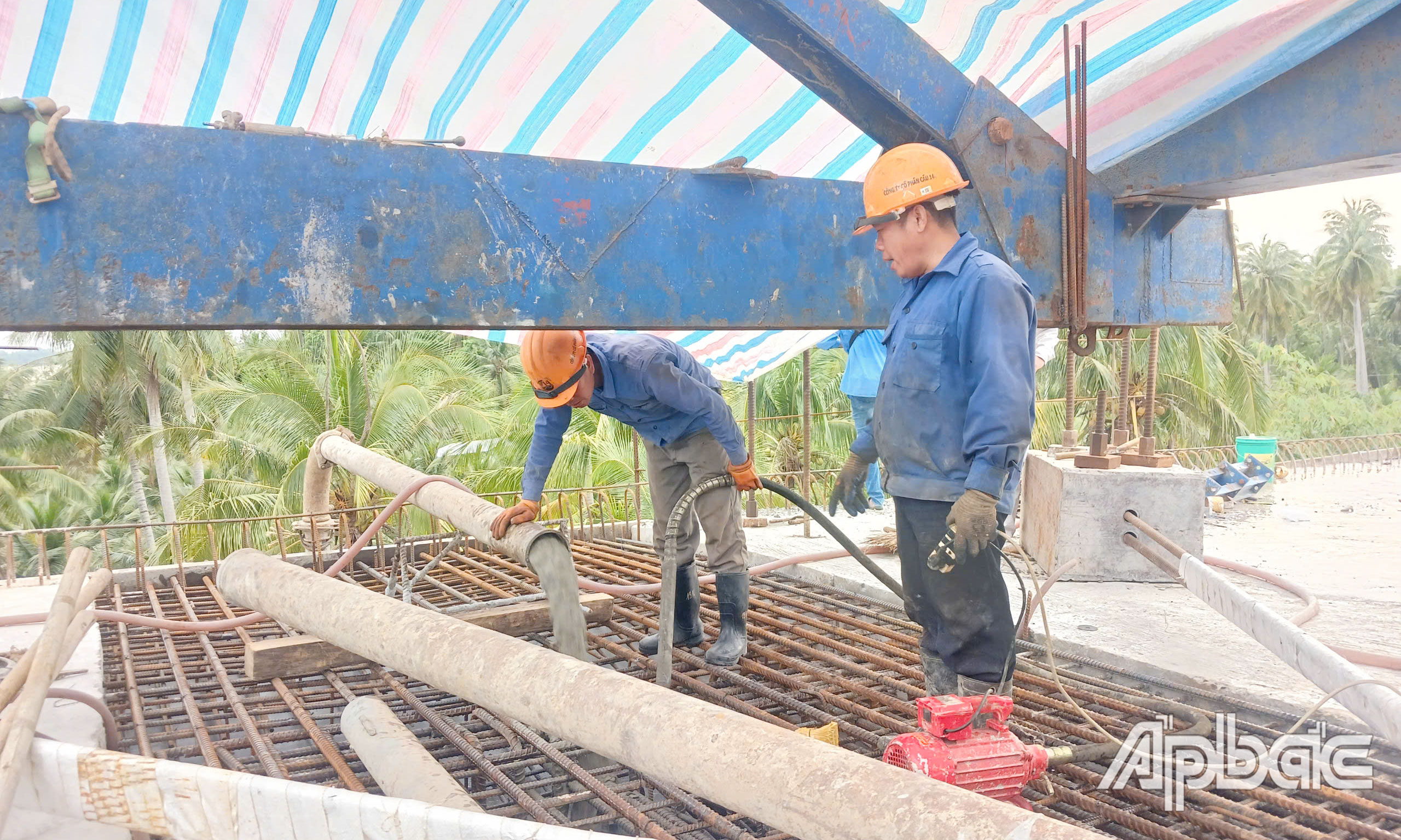 Đổ bê tông hợp long nhịp biên cầu Chợ Gạo.