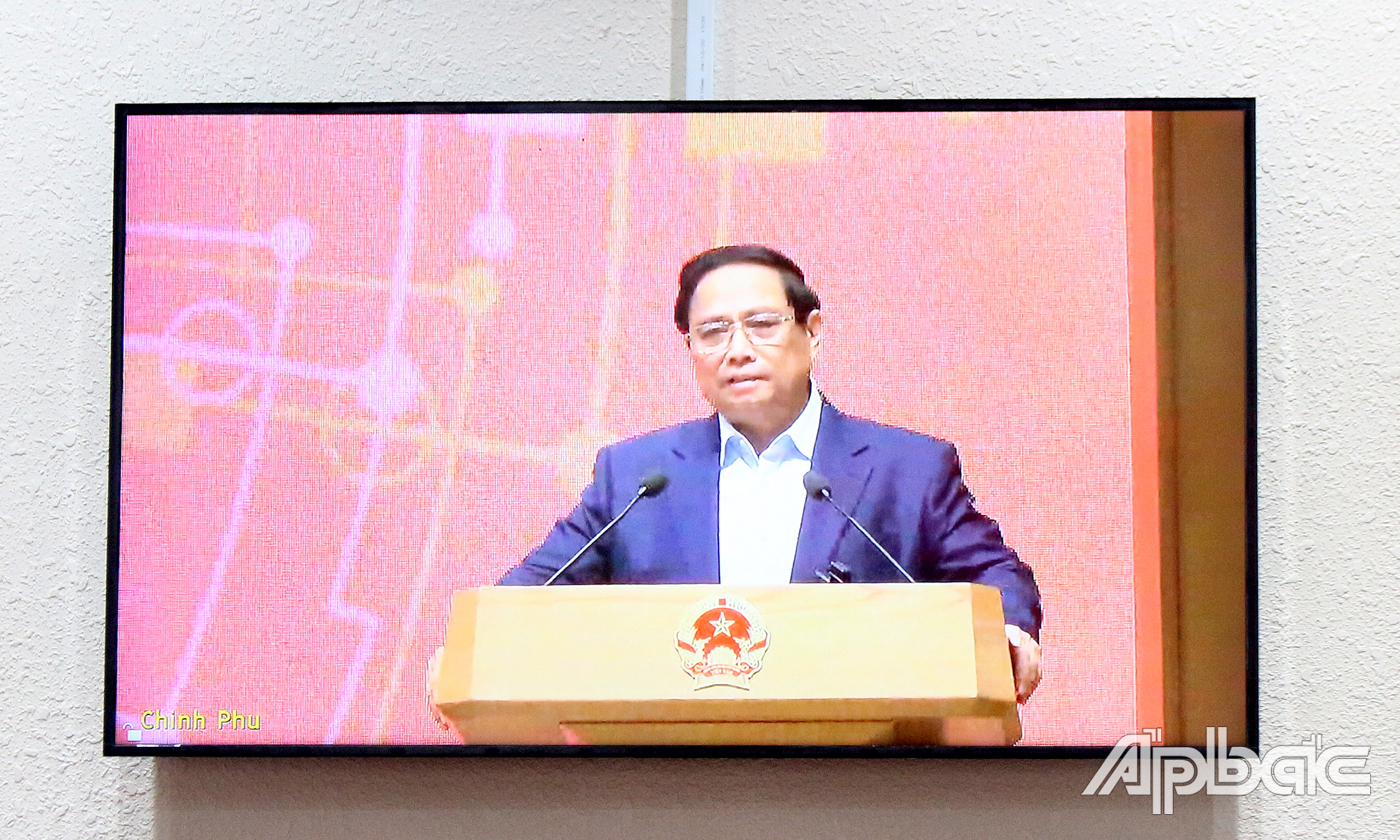 Thủ tướng Chính phủ Phạm Minh Chính phát biểu tại Chương trình chào mừng Ngày Chuyển đổi số quốc gia năm 2024. (Ảnh chụp qua màn hình trực tuyến)