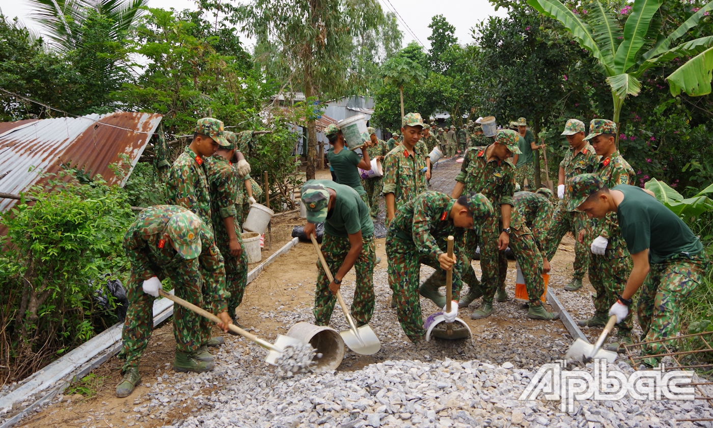 Cán bộ, chiến sĩ Trung đoàn 9, Sư đoàn 8, Quân khu 9 làm đường giao thông nông thôn tại Đồng Tháp.