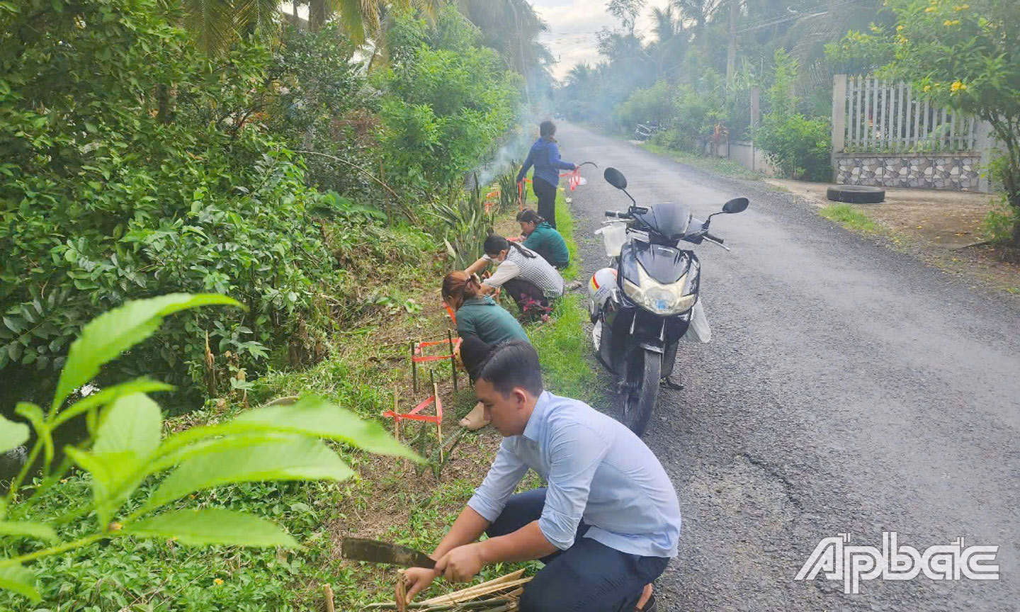 Người dân xã Song Thuận tham gia trồng cây tạo cảnh quan.
