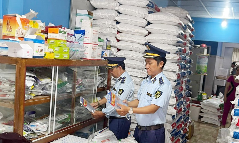 Lực lượng QLTT kiểm tra tại cơ sở kinh doanh thức ăn chăn nuôi.