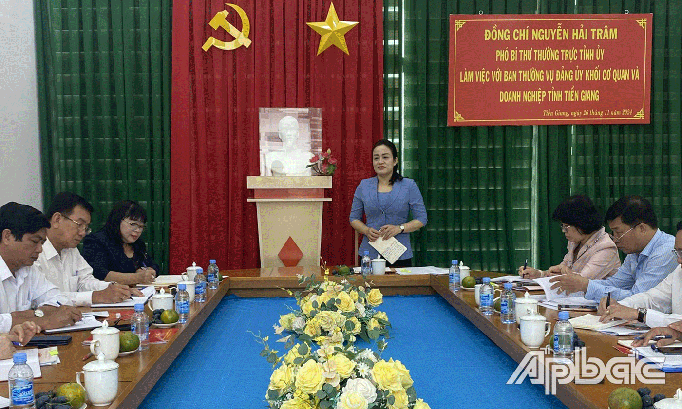 Đồng chí Nguyễn Hải Trâm phát biểu tại buổi làm việc với Đảng uỷ Khối.