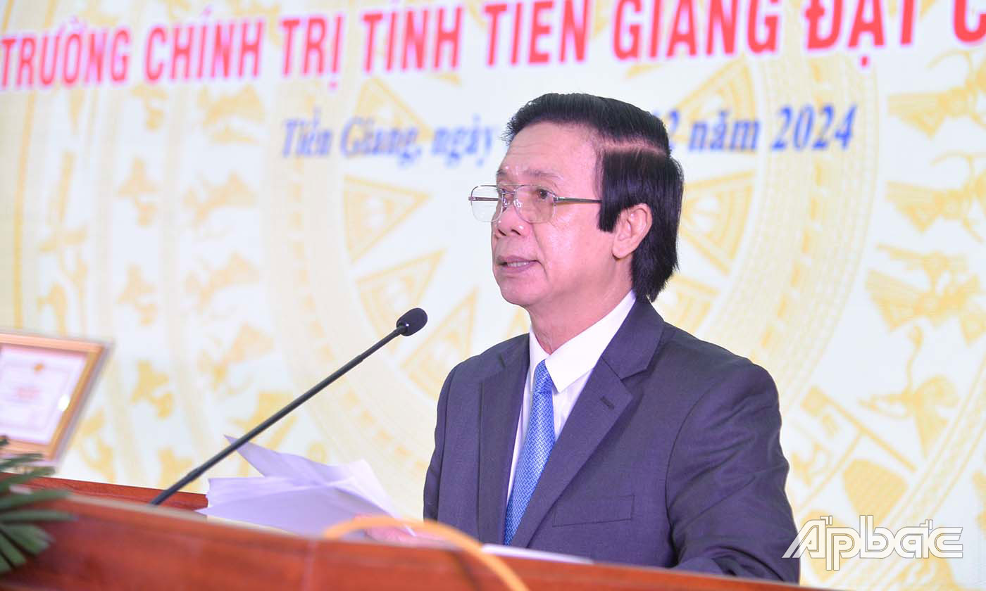 Đồng chí Nguyễn Văn Danh, Ủy viên Ban Chấp hành Trung ương Đảng, Bí thư Tỉnh ủy Tiền Giang, Trưởng đoàn Đại biểu Quốc hội tỉnh Tiền Giang phát biểu tại buổi Lễ đón Bằng công nhận Trường Chính trị tỉnh Tiền Giang đạt chuẩn mức 1. 