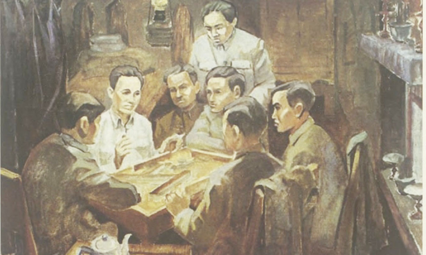 Hội nghị thành lập Đảng Cộng sản Việt Nam ở Hồng Kông do đồng chí Nguyễn Ái Quốc chủ trì vào mùa Xuân năm 1930 (ảnh chụp của họa sĩ Phan Kế An).                                                                                                                         Nguồn: Bảo tàng Hồ Chí Minh