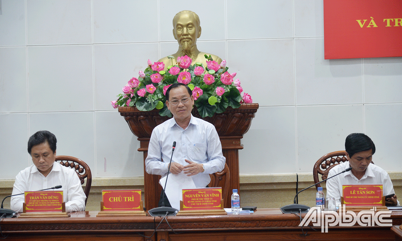 Đồng chí Nguyễn Văn Vĩnh, Phó Bí thư Tỉnh uỷ, Bí thư Đảng uỷ UBND tỉnh, Chủ tịch UBND tỉnh phát biểu tại hội nghị.