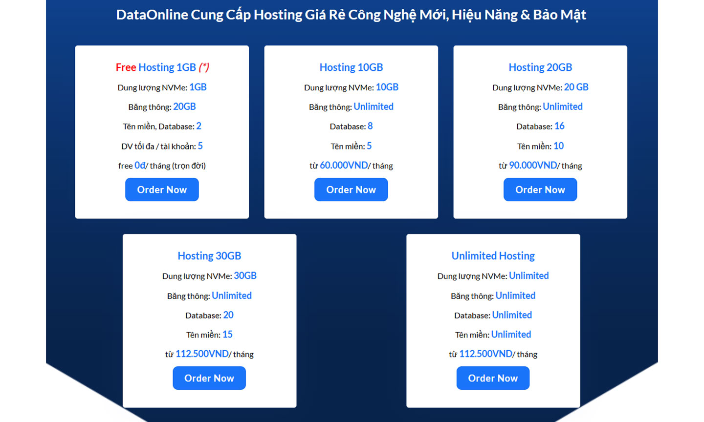 Các gói Hosting tại DataOnline, Hosting Miễn phí 1GB.