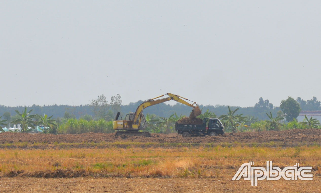 Khai thác đất mặt ruộng tại xã Tân Phước.