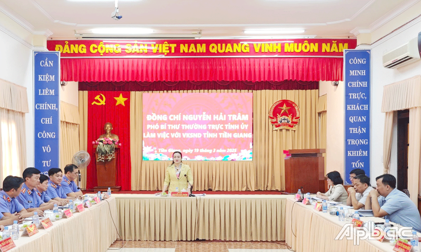 Đồng chí Nguyễn Hải Trâm - Phó Bí thư thường trực Tỉnh ủy phát biểu chỉ đạo tại buổi làm việc với VKSND tỉnh Tiền Giang