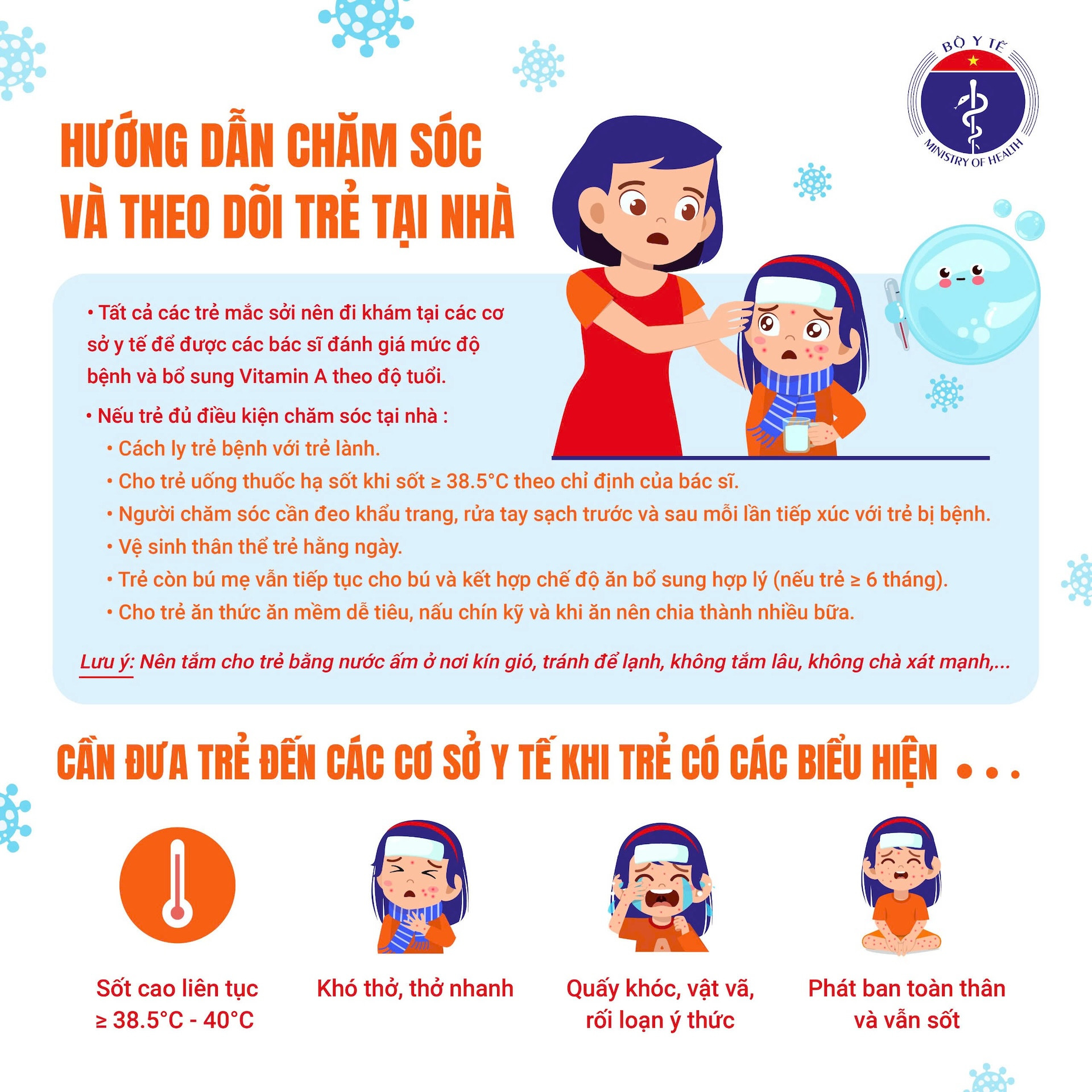 Hướng dẫn chăm sóc và theo dõi trẻ mắc sởi tại nhà. Nguồn: Bộ Y tế
