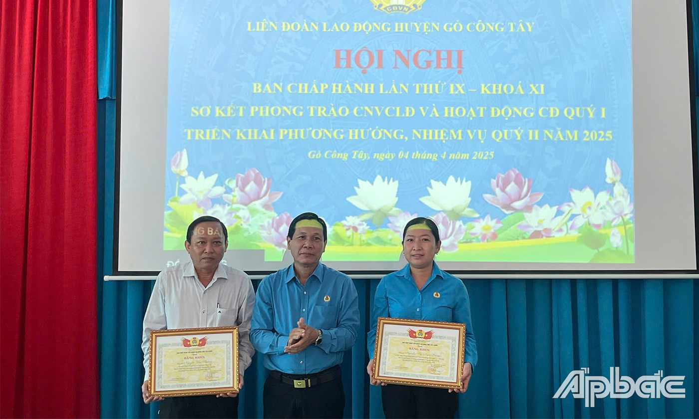 Tỉnh ủy viên, Chủ tịch LĐLĐ tỉnh Tiền Giang, Lê Minh Hùng trao Bằng khen cho các cá nhân