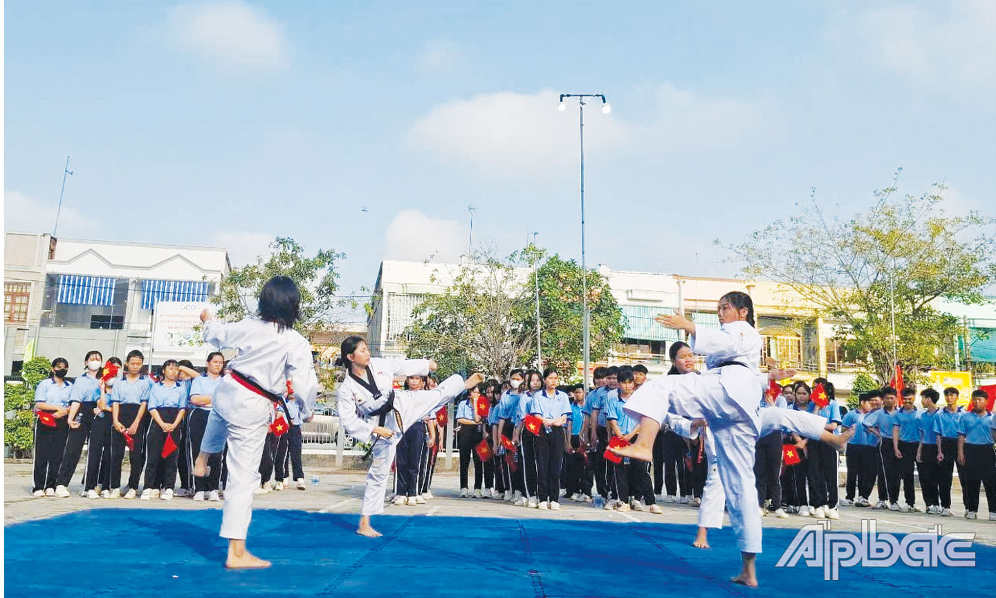 Biểu diễn võ thuật tại Trung tâm Văn hóa - Thể thao thị trấn Mỹ Phước, huyện Tân Phước.