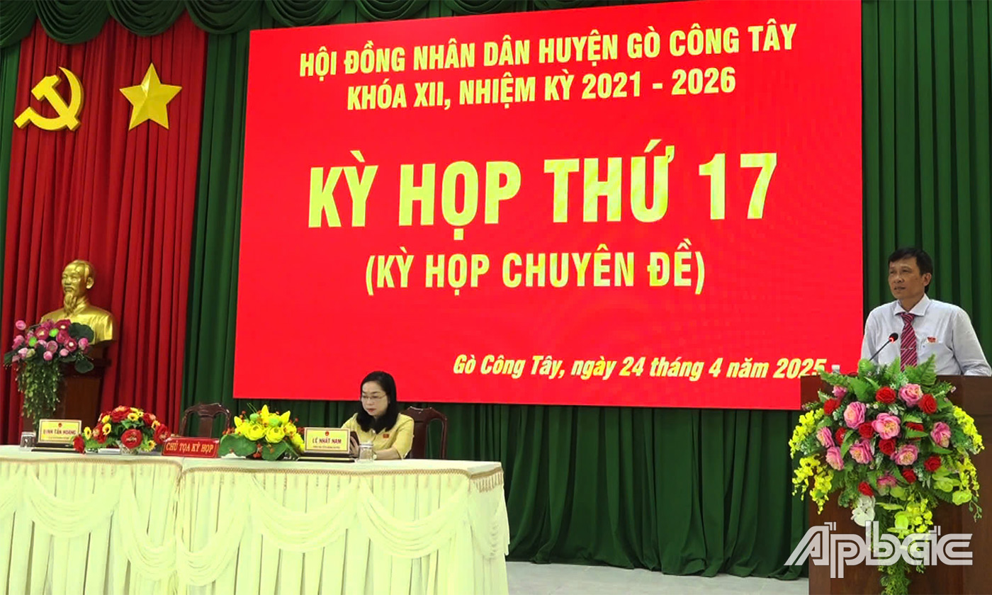 Đồng chí Đinh Tấn Hoàng- Tỉnh Ủy viên- Bí thư Huyện ủy, Chủ tịch HĐND huyện phát biểu tại kỳ họp