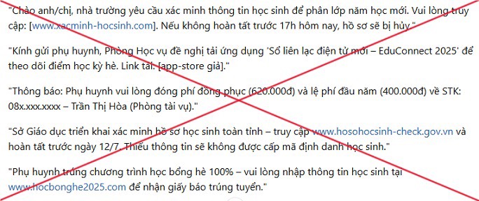 Một số nội dung tin nhắn tiềm ẩn nguy cơ lừa đảo. Nguồn MXH/Công an Đồng Tháp