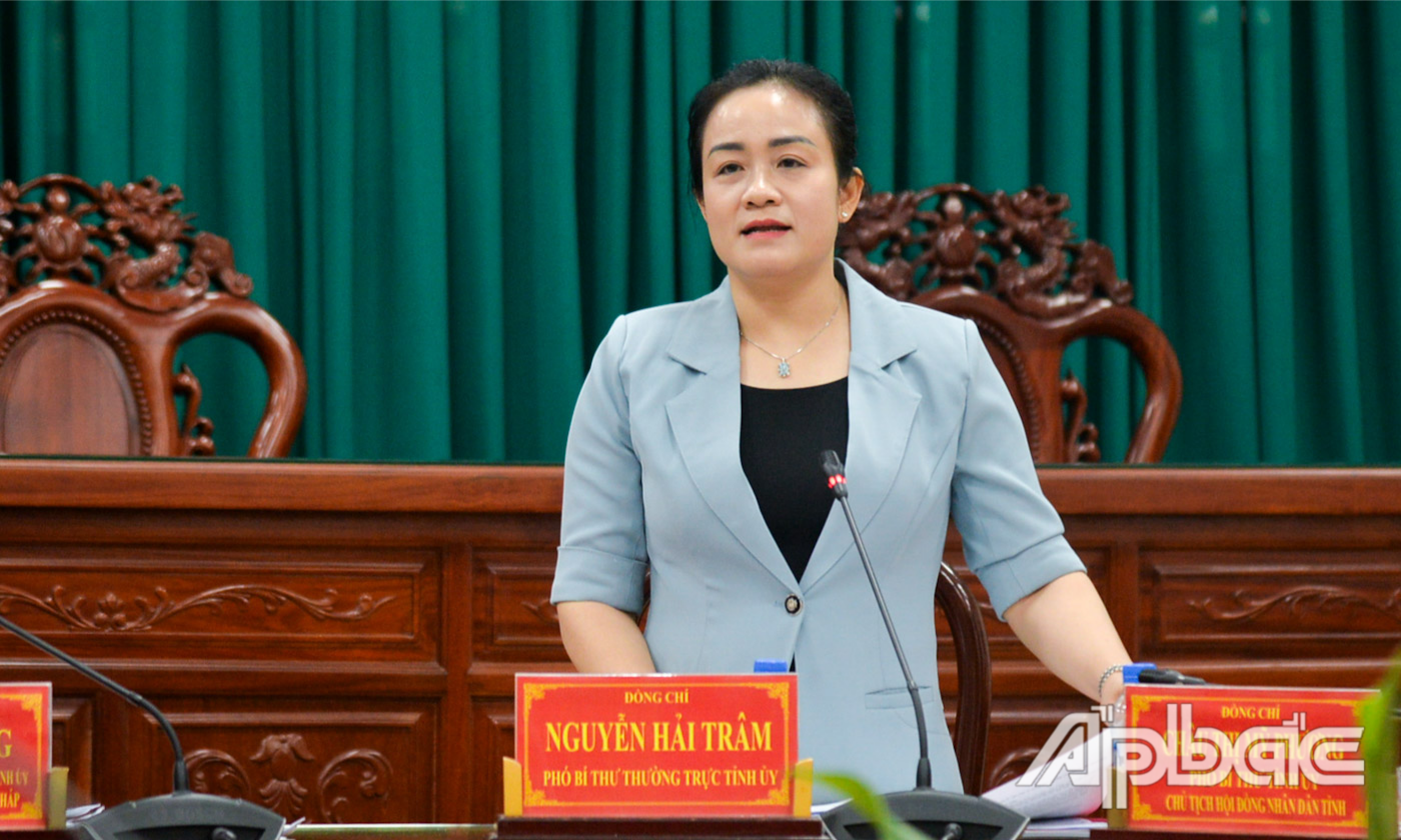 Đồng chí Nguyễn Hải Trâm, Phó Bí thư Thường trực Tỉnh ủy phát biểu tại cuộc họp.