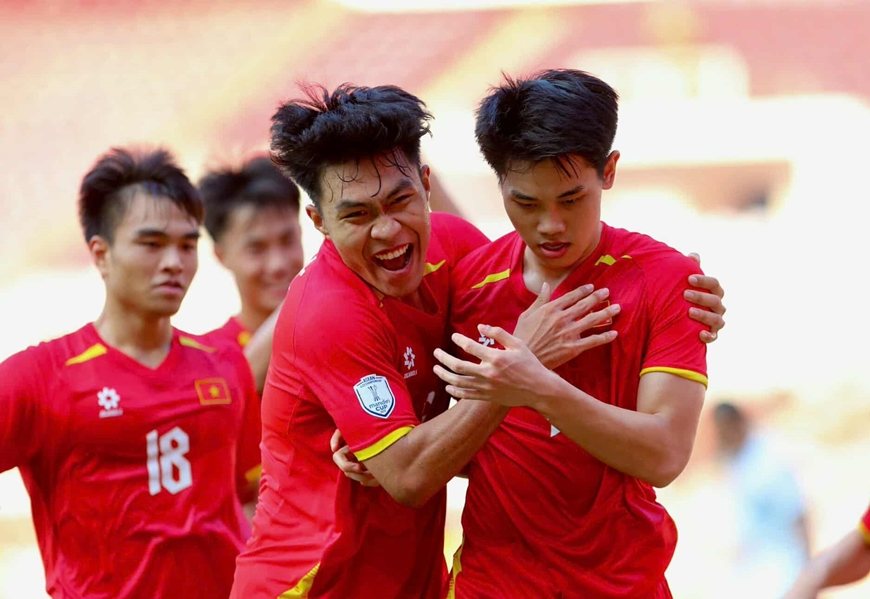 Các cầu thủ U23 Việt Nam trong trận thắng U23 Philippines tại bán kết. Ảnh: VFF 